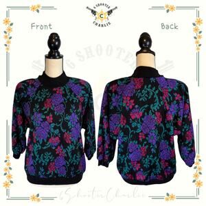 Vintage Cape Cod Floral All Over Print Knitted Sweater Women's Size Medium Black